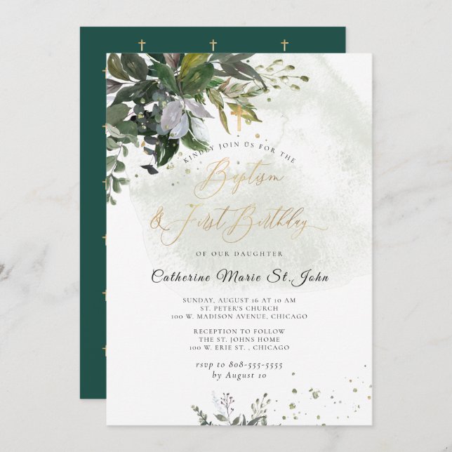 Greenery Rustic Eucalyptus 1st Birthday Baptism Invitation (Front/Back)