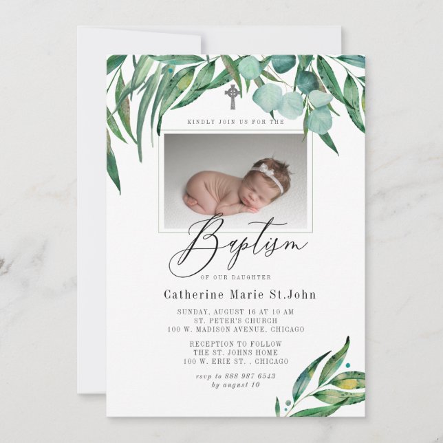 Greenery Rustic Eucalyptus Photo Baptism Invitation (Front)