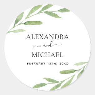 Greenery Rustic Simple Elegant Watercolor Wedding Classic Round Sticker