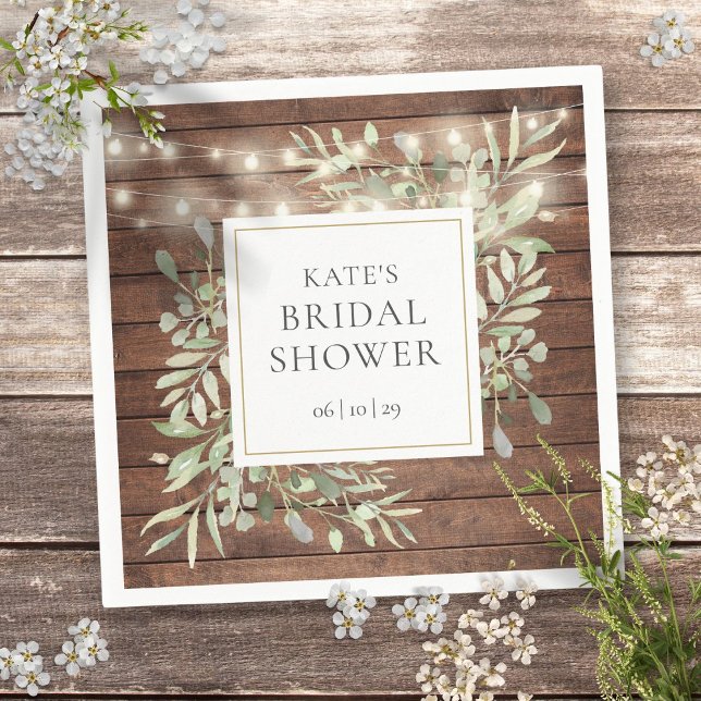 Greenery Rustic Wood String Lights Bridal Shower Napkin (Greenery Rustic Wood String Lights Bridal Shower Napkins)