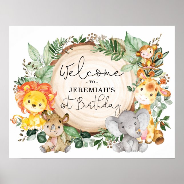 Greenery Safari Animals Wild One Birthday Welcome Poster (Front)