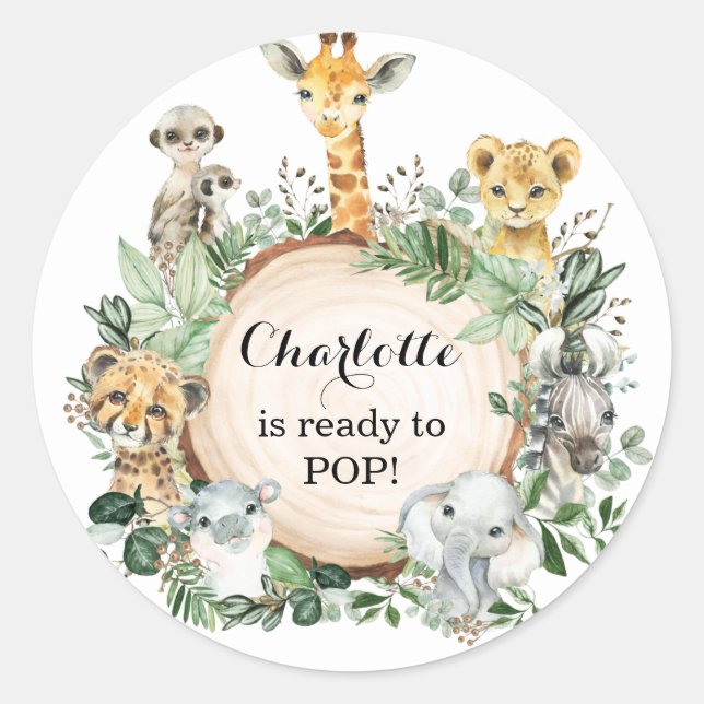 Greenery Safari Jungle Wild Animals Baby Shower Classic Round Sticker (Front)