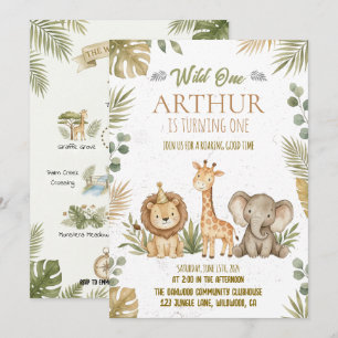 Greenery Safari Wild One 1st Birthday Party Invitation