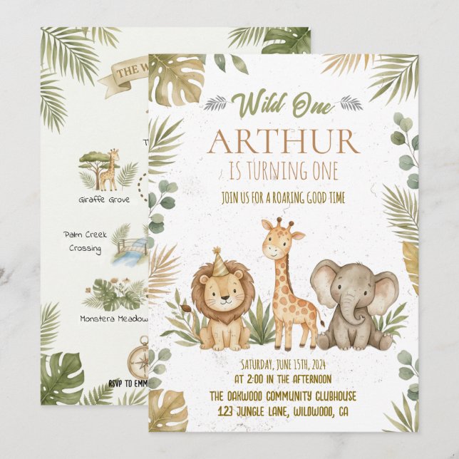 Greenery Safari Wild One 1st Birthday Party Invitation (Front/Back)