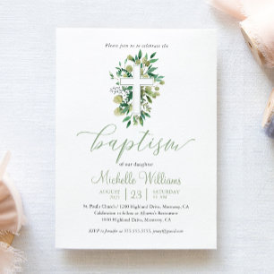 Greenery Sage Colour Calligraphy Baptism Invitation