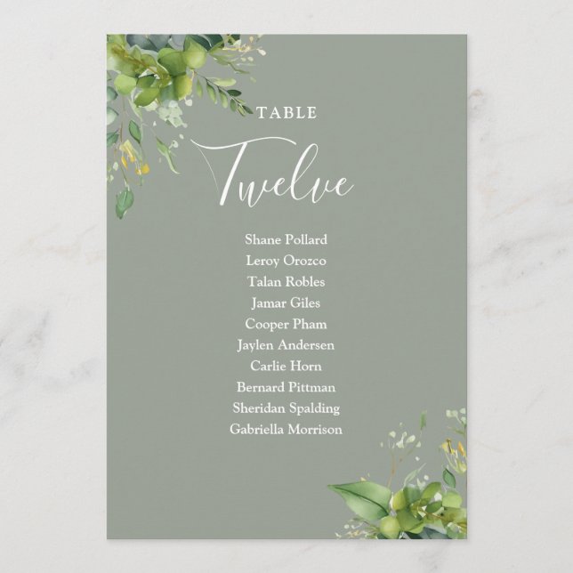 Greenery Sage Green Seating Plan Table Number (Front)