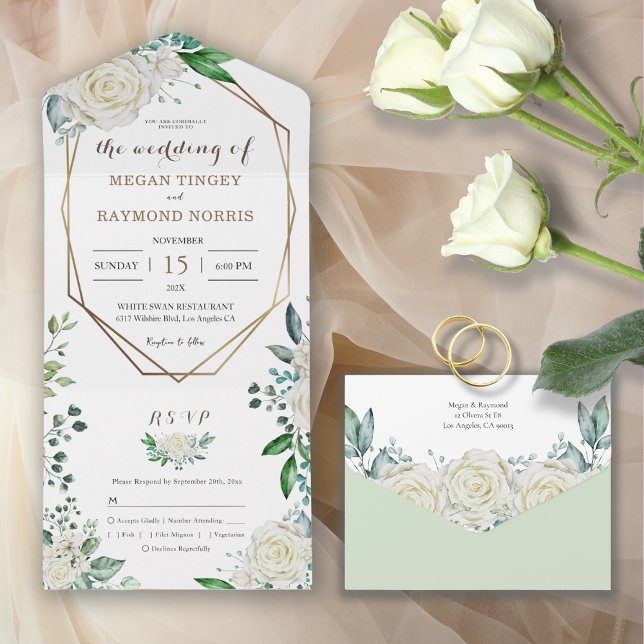 Greenery Sage Green & White Roses Gold Frame  All In One Invitation (Creator Uploaded)