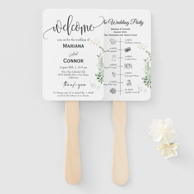 Greenery Script Timeline Program Invitation Hand Fan (Front and Back)