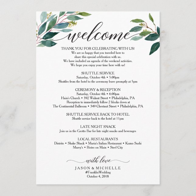 Greenery Script Wedding Itinerary Wedding Welcome Programme (Front)
