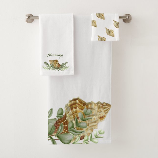 Greenery Seashell Nautical Cream Shells Coastal Bath Towel Set (Insitu)