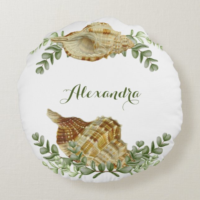Greenery Seashell Nautical Cream Shells Coastal Round Cushion (Back)