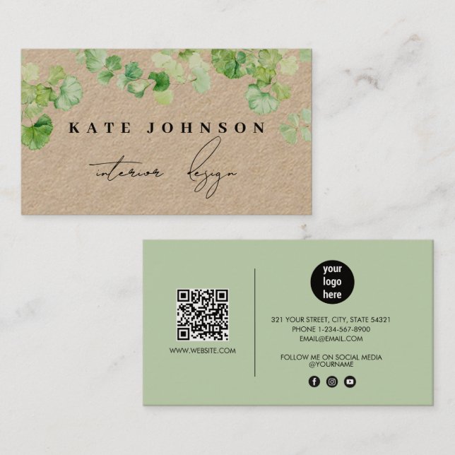Greenery Signature Script QR Code Rustic Kraft Business Card (Front/Back)