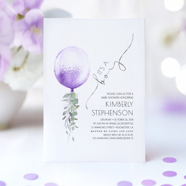 Greenery Silver and Purple Balloon Baby Shower Invitation (Purple Boy Baby Shower Invitation)