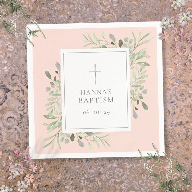 Greenery Silver Baptism Christening Blush Pink Napkin (Greenery Silver Baptism Christening Blush Pink Napkins)