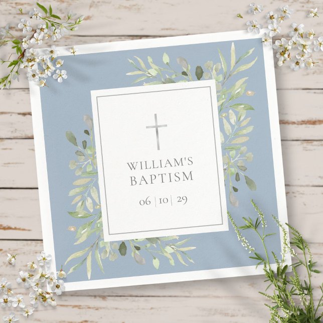 Greenery Silver Baptism Christening Dusty Blue Napkin (Greenery Silver Baptism Christening Dusty Blue Napkins)