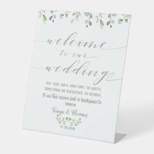 Greenery Silver Fancy Calligraphy Wedding Welcome Pedestal Sign