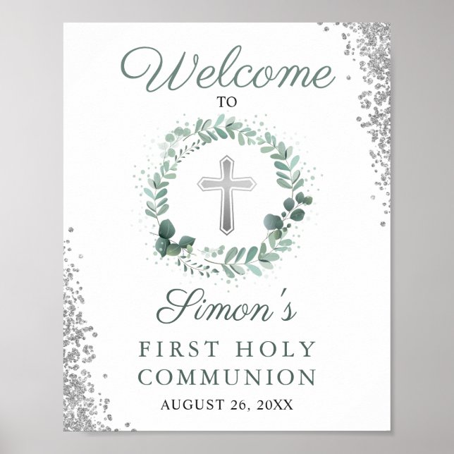 Greenery Silver First Holy Communion Welcome Poster (Front)