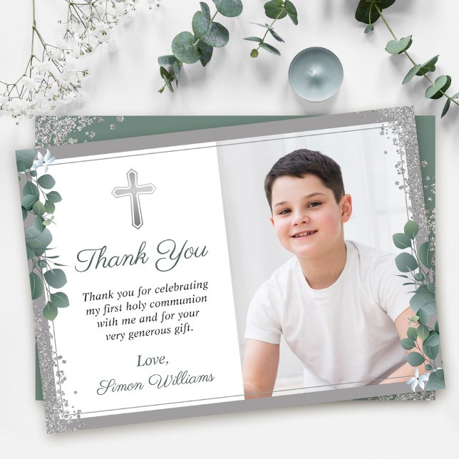 Greenery Silver Glitter First Holy Communion Photo Thank You Card (Creator Uploaded)
