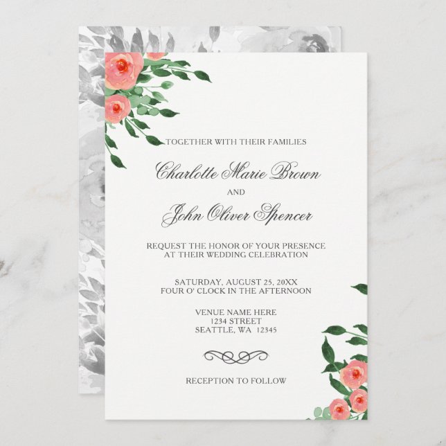 Greenery Simple Peach Flowers Wedding invitations (Front/Back)
