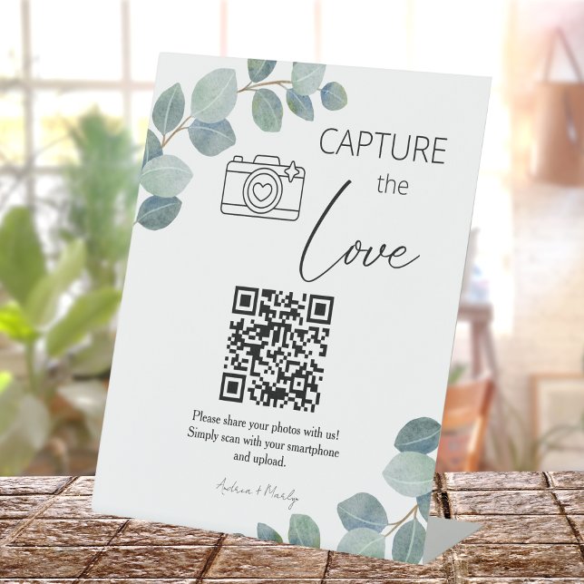 Greenery Simple Share Wedding Photos With QR Code Pedestal Sign (Creator Uploaded)