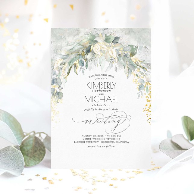 Greenery Soft Elegant Boho Wedding Gold (Real Gold Foil Greenery Wedding Invitations )
