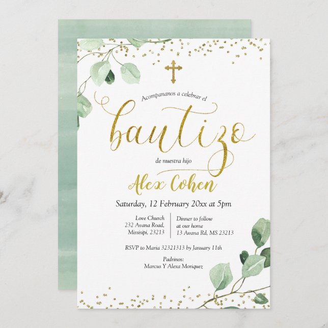 Greenery Spanish Boy Bautizo Invitacion Invitation (Front/Back)