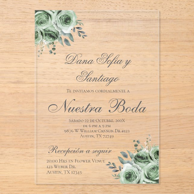 Greenery Spanish Wedding Acrylic Invitation (Front)