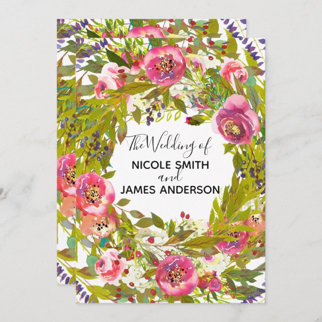 Greenery Spring Pink Floral Flowers Wedding Invitation (Front/Back)