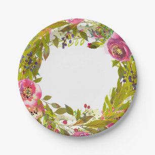 Greenery Spring Pink Floral Flowers Wedding Paper Plate