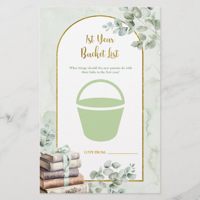 Greenery Storybook 1st Year Bucket List Games Card (Front)