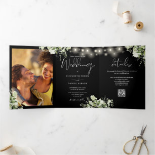 Greenery String Lights 2 Photo QR Code Wedding Tri-Fold Invitation