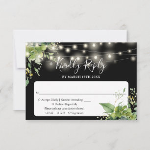 Greenery String Lights Black And White Wedding RSVP Card