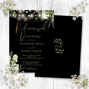 Greenery String Lights Black Gold Rehearsal Dinner Invitation