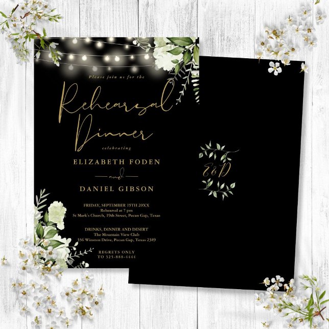Greenery String Lights Black Gold Rehearsal Dinner Invitation (Greenery String Lights Black Gold Rehearsal Dinner Invitation)