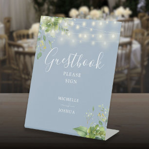 Greenery String Lights Dusty Blue Guestbook Pedestal Sign