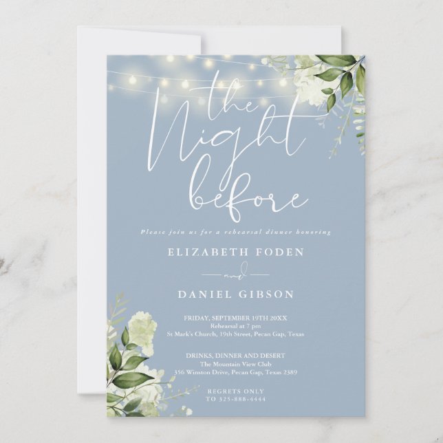 Greenery String Lights Dusty Blue Rehearsal Dinner Invitation (Front)
