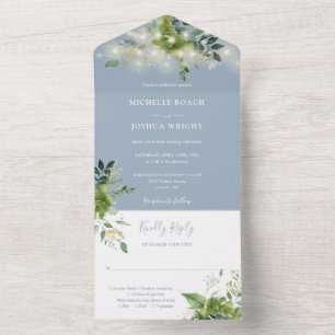 Greenery String Lights Dusty Blue Wedding All In One Invitation
