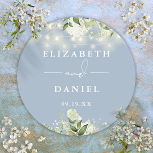 Greenery String Lights Dusty Blue Wedding Favour Classic Round Sticker