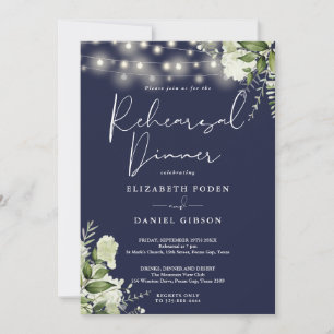 Greenery String Lights Navy Blue Rehearsal Dinner Invitation