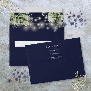 Greenery String Lights Navy Blue Return Address Envelope
