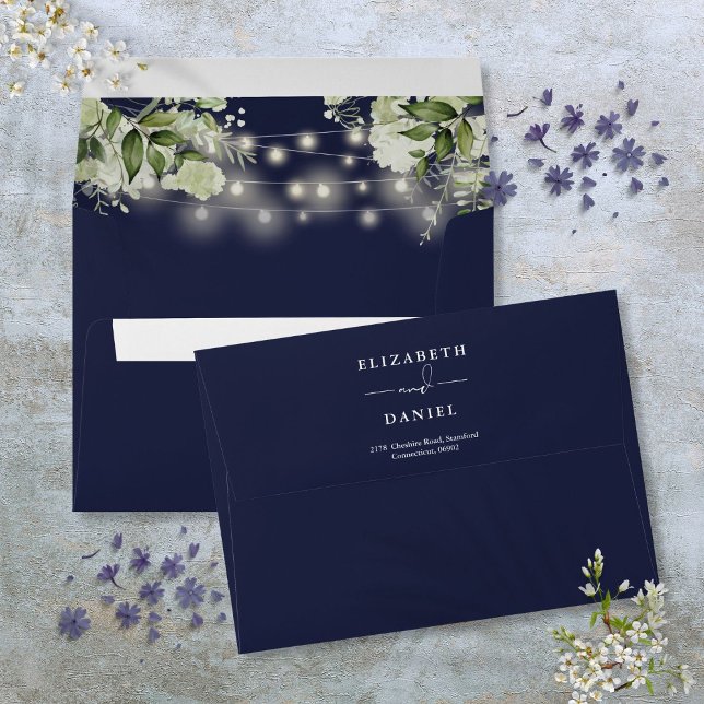 Greenery String Lights Navy Blue Return Address Envelope (Greenery String Lights Navy Blue Return Address Envelope)