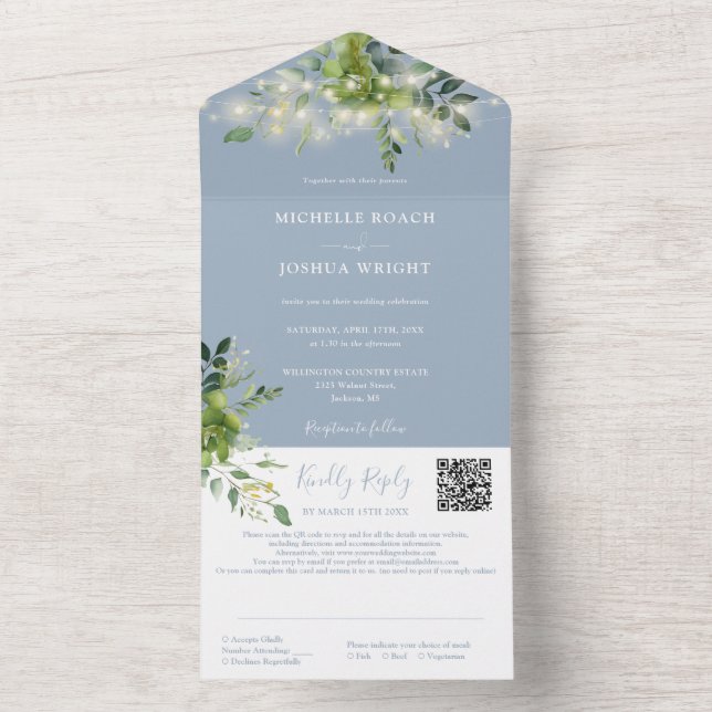 Greenery String Lights QR Code Dusty Blue Wedding All In One Invitation (Inside)