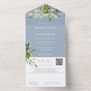 Greenery String Lights QR Code Dusty Blue Wedding All In One Invitation