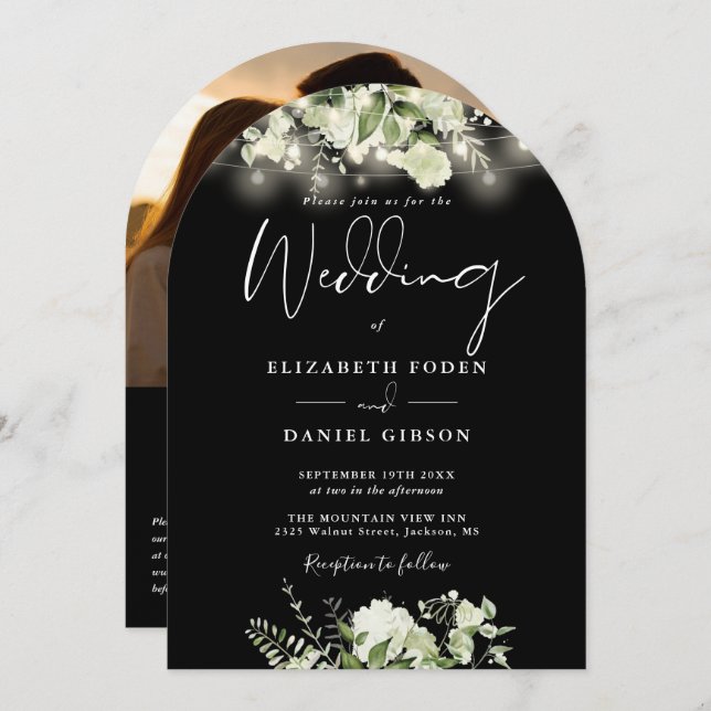 Greenery String Lights QR Code Photo Arch Wedding Invitation (Front/Back)
