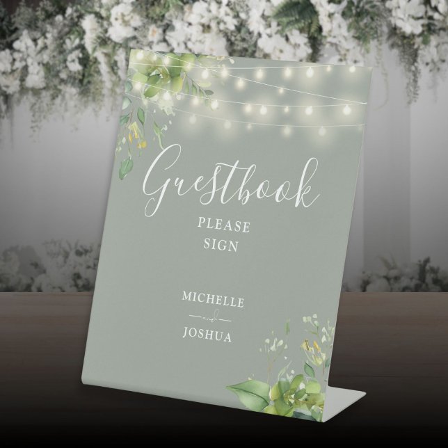 Greenery String Lights Sage Green Guestbook Pedestal Sign (Greenery String Lights Sage Green Guestbook Pedestal Sign)