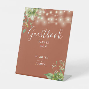 Greenery String Lights Terracotta Guestbook Pedestal Sign
