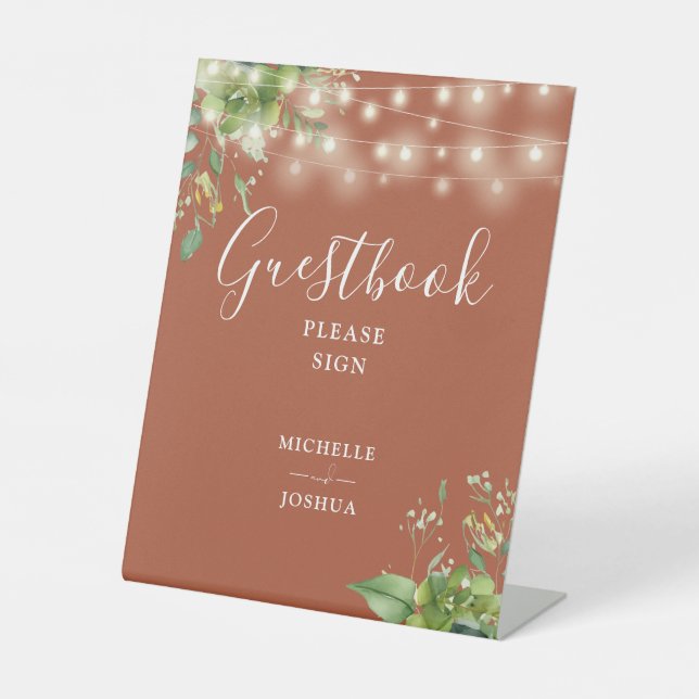 Greenery String Lights Terracotta Guestbook Pedestal Sign (Front)