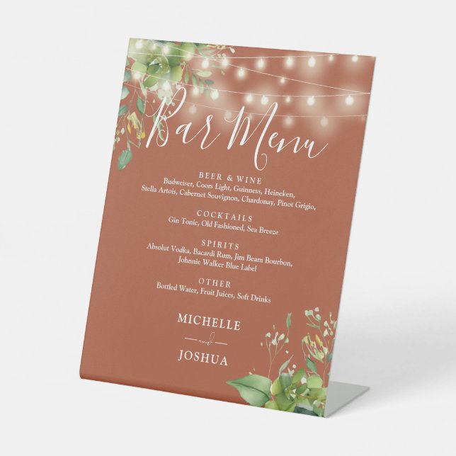 Greenery String Lights Terracotta Wedding Bar Menu Pedestal Sign (Front)