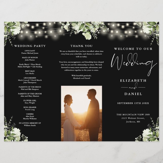 Greenery String Lights Trifold Wedding Program Flyer (Front)
