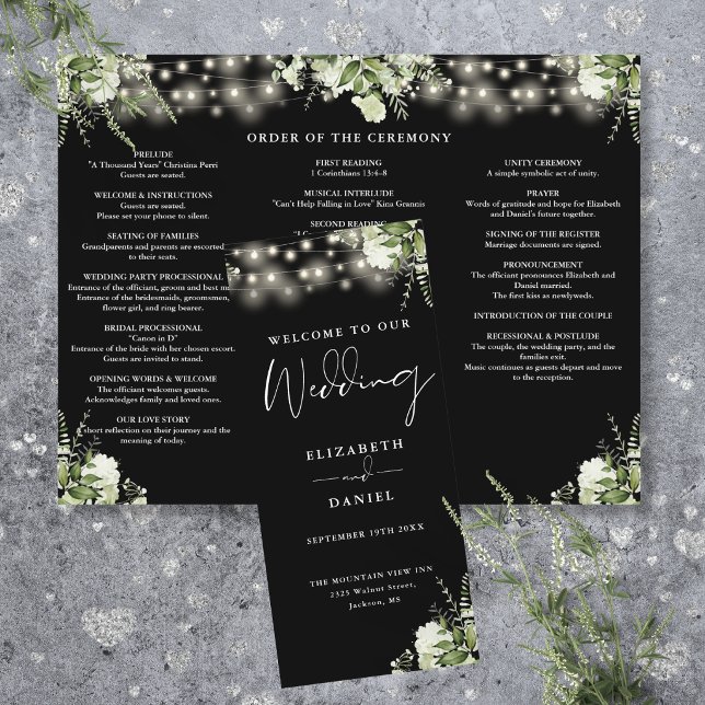 Greenery String Lights Trifold Wedding Program Flyer (Greenery String Lights Trifold Wedding Program Flyer)